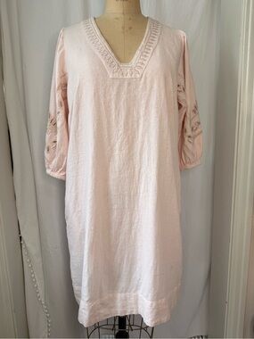 Calypso St Barth Linen Viscose, Light Pink V-Neck Embroidered Dress sz M
